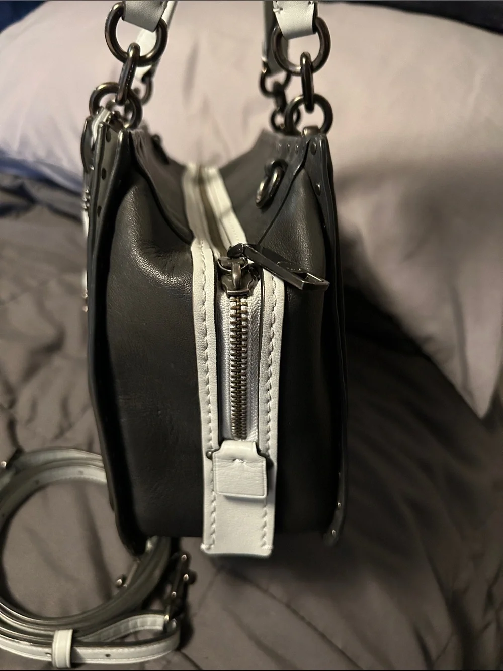 Coach Dreamer 27 Black, Light Gray, and Baby Blue Studded Leather Satchel - Picture 4 of 13